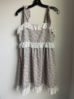 Floral Lace-Trim Mini Dress with Tie Shoulders